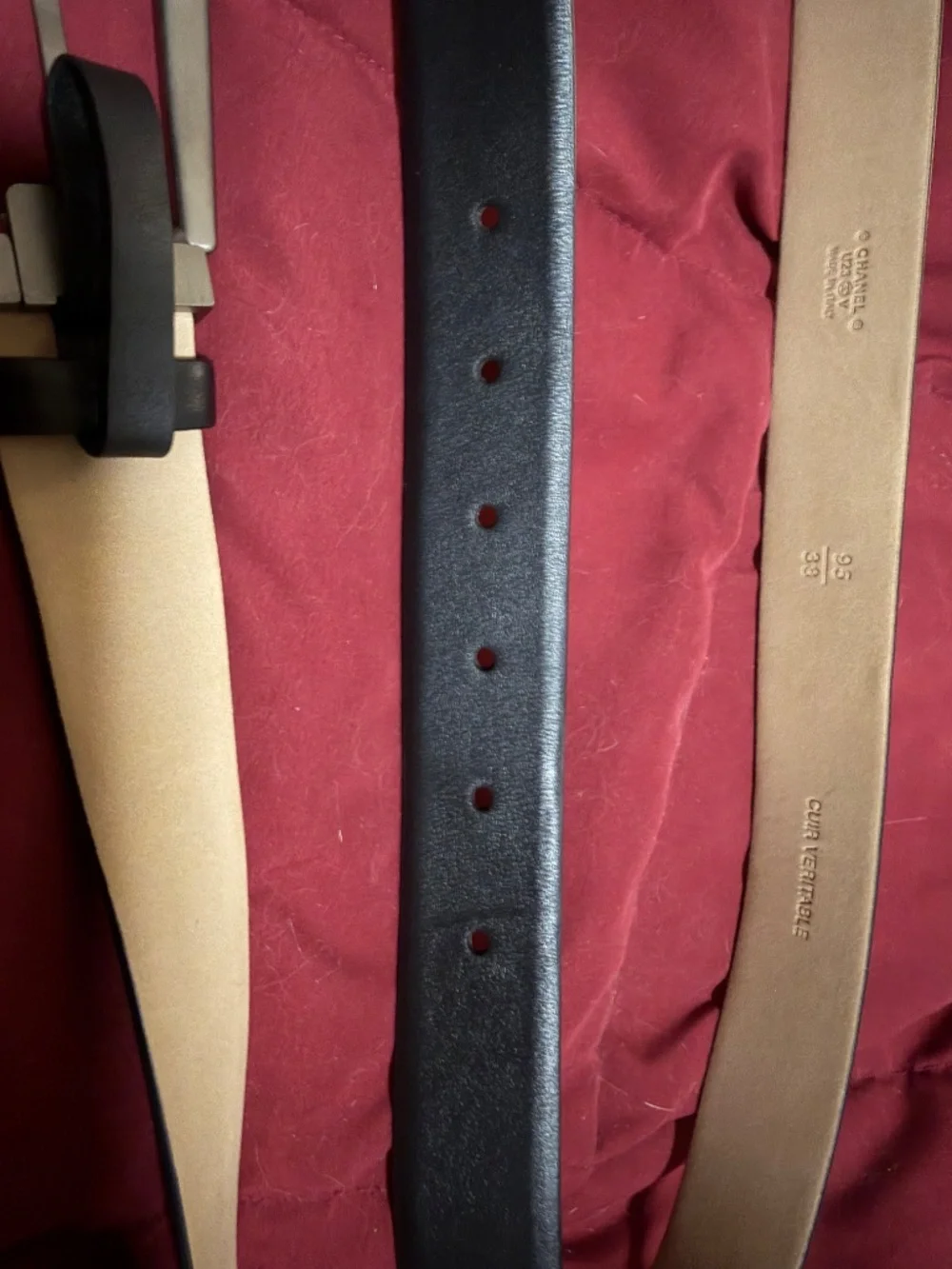 Chanel Belt 95/38 black calf leather with brushed silver buckle. $300 firm.